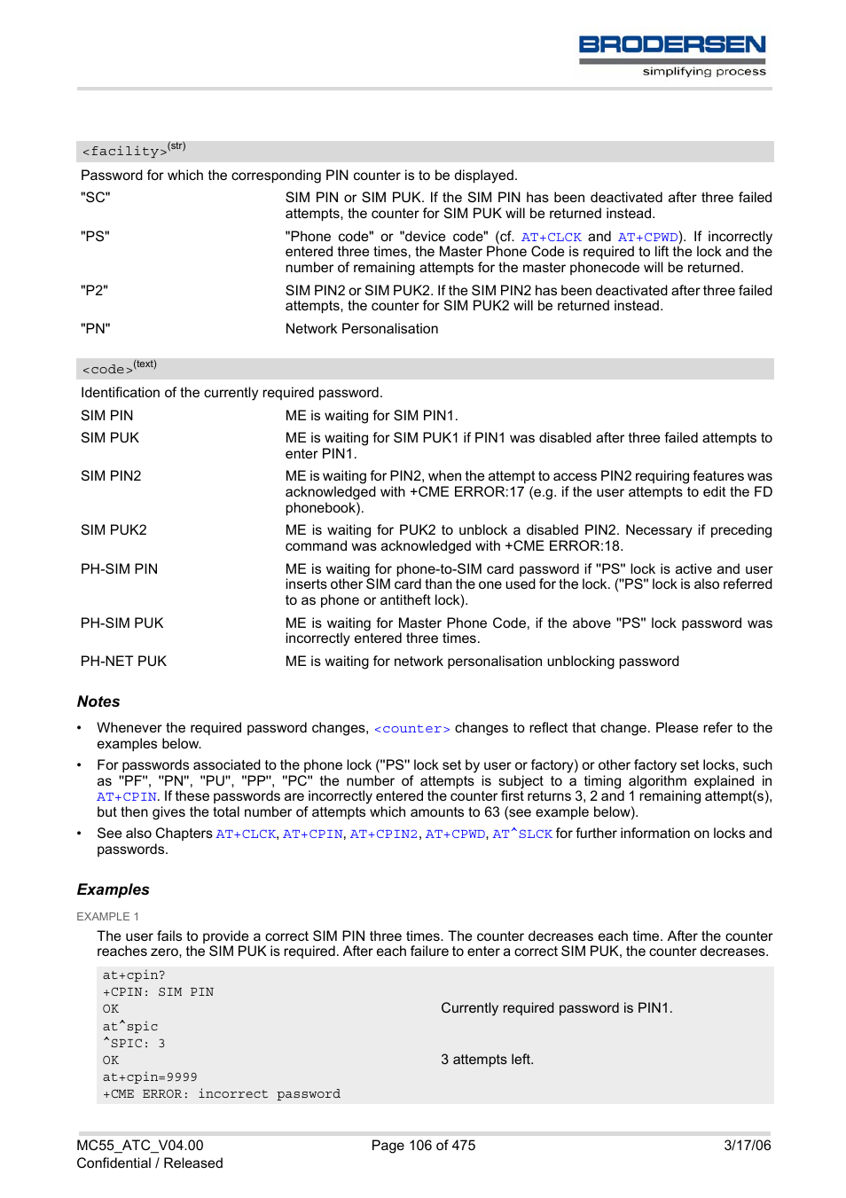 Facility, Spic, Code | Siemens Brodersen MC55 AT User Manual | Page 106 / 475