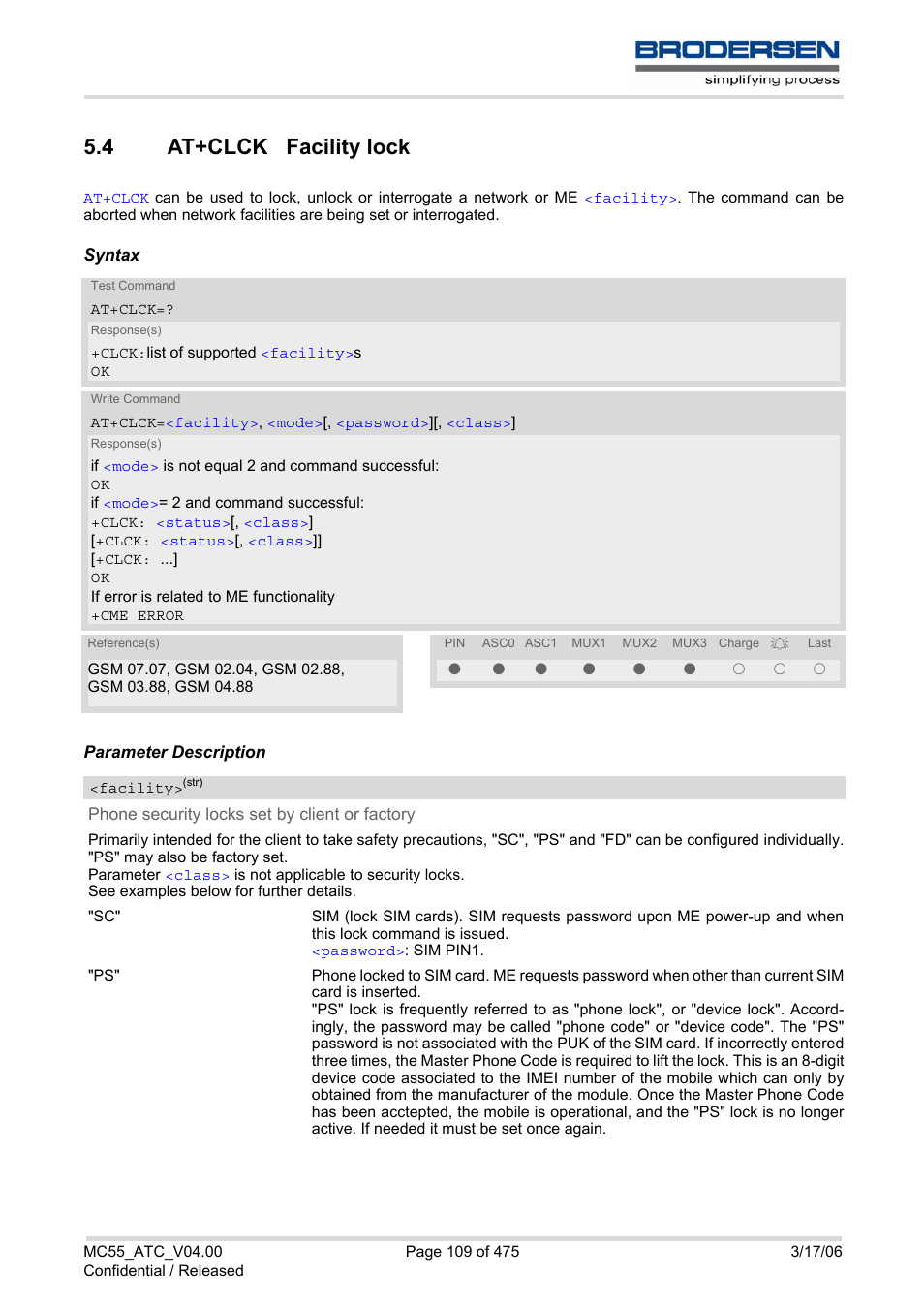 4 at+clck facility lock, At+clck facility lock, At+clck | Siemens Brodersen MC55 AT User Manual | Page 109 / 475