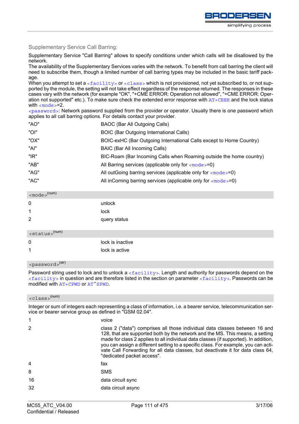 Class, Password, Mode | Clck, Status | Siemens Brodersen MC55 AT User Manual | Page 111 / 475