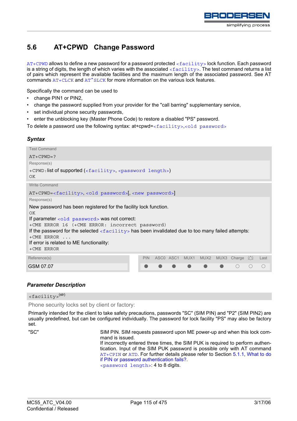 6 at+cpwd change password, At+cpwd change password, At+cpwd | Chan, With | Siemens Brodersen MC55 AT User Manual | Page 115 / 475