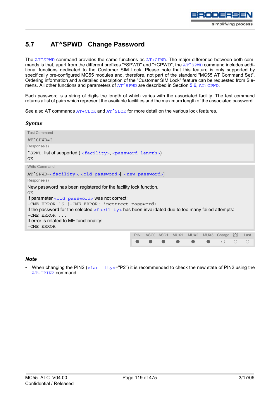 7 at^spwd change password, At^spwd change password, At^spwd | Chan | Siemens Brodersen MC55 AT User Manual | Page 119 / 475