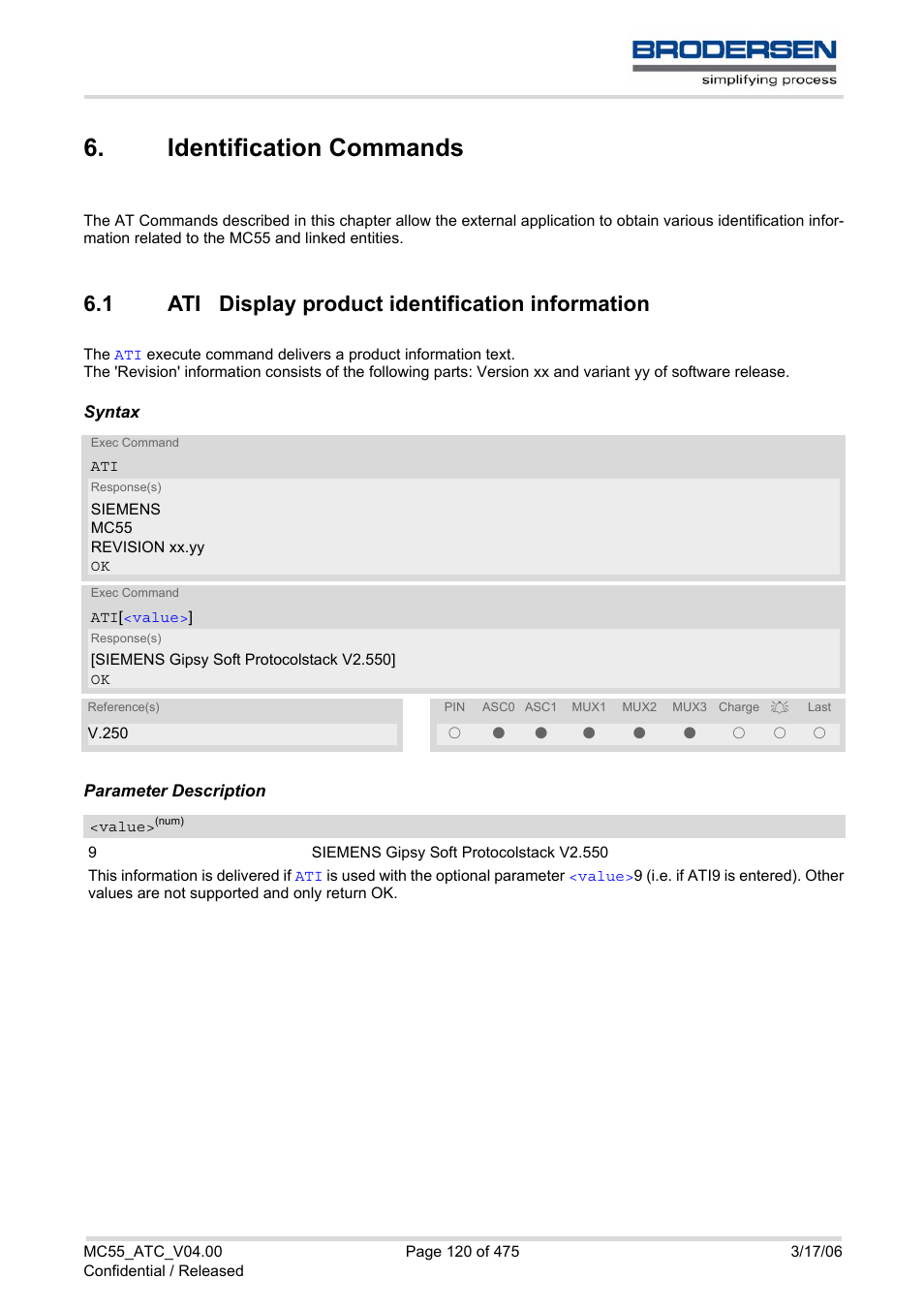 Identification commands, 1 ati display product identification information, Identification commands 6.1 | Ati display product identification information | Siemens Brodersen MC55 AT User Manual | Page 120 / 475