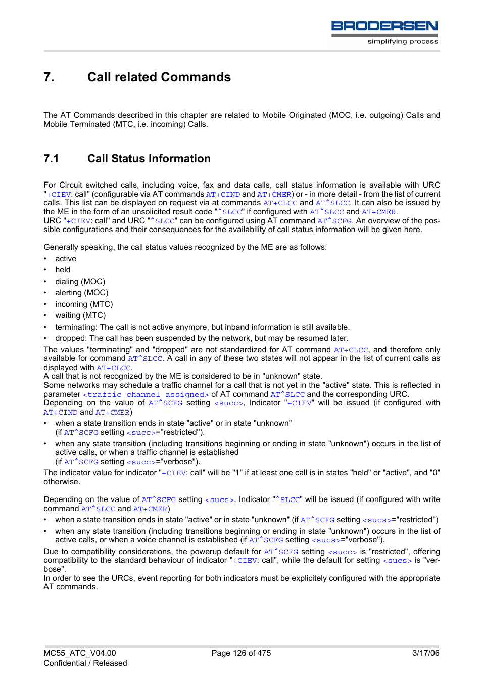 Call related commands, 1 call status information, Call related commands 7.1 | Call status information, For a ca, Call, Status information, Call status infor, Mation | Siemens Brodersen MC55 AT User Manual | Page 126 / 475