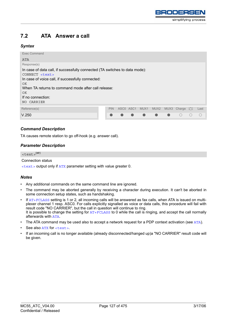 2 ata answer a call, Ata answer a call, With | Text | Siemens Brodersen MC55 AT User Manual | Page 127 / 475