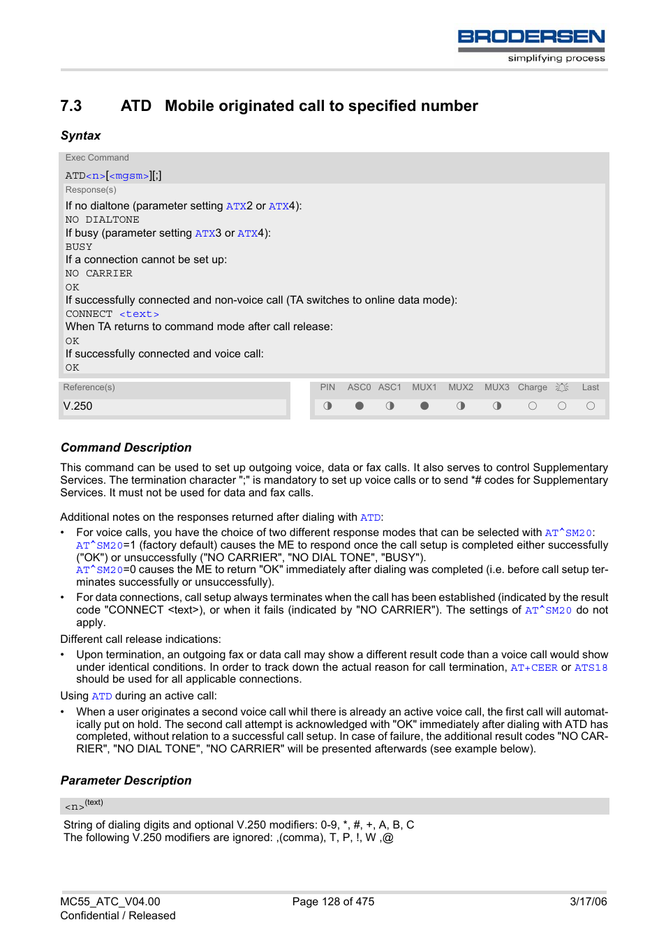 3 atd mobile originated call to specified number, Atd mobile originated call to specified number, Comma | Siemens Brodersen MC55 AT User Manual | Page 128 / 475