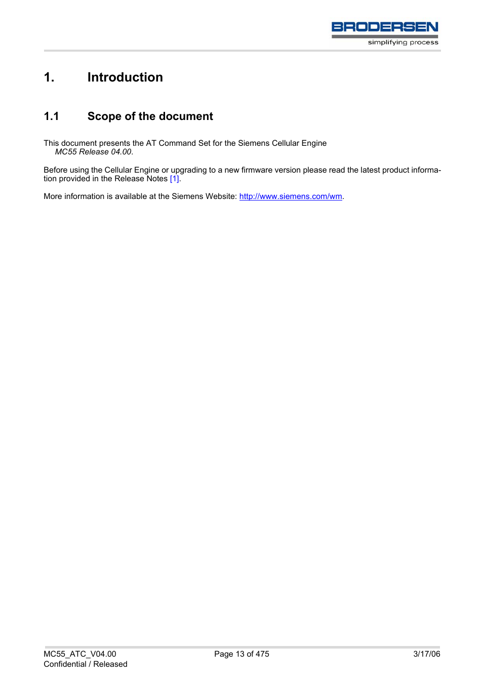 Introduction, 1 scope of the document, Introduction 1.1 | Scope of the document | Siemens Brodersen MC55 AT User Manual | Page 13 / 475