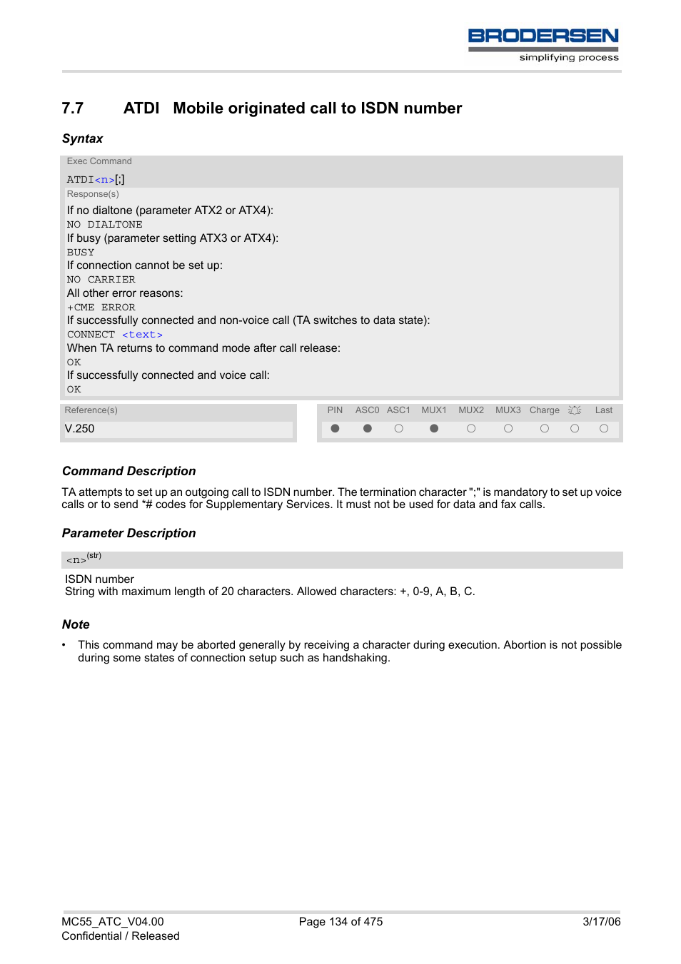 7 atdi mobile originated call to isdn number, Atdi mobile originated call to isdn number, Atdi | Siemens Brodersen MC55 AT User Manual | Page 134 / 475