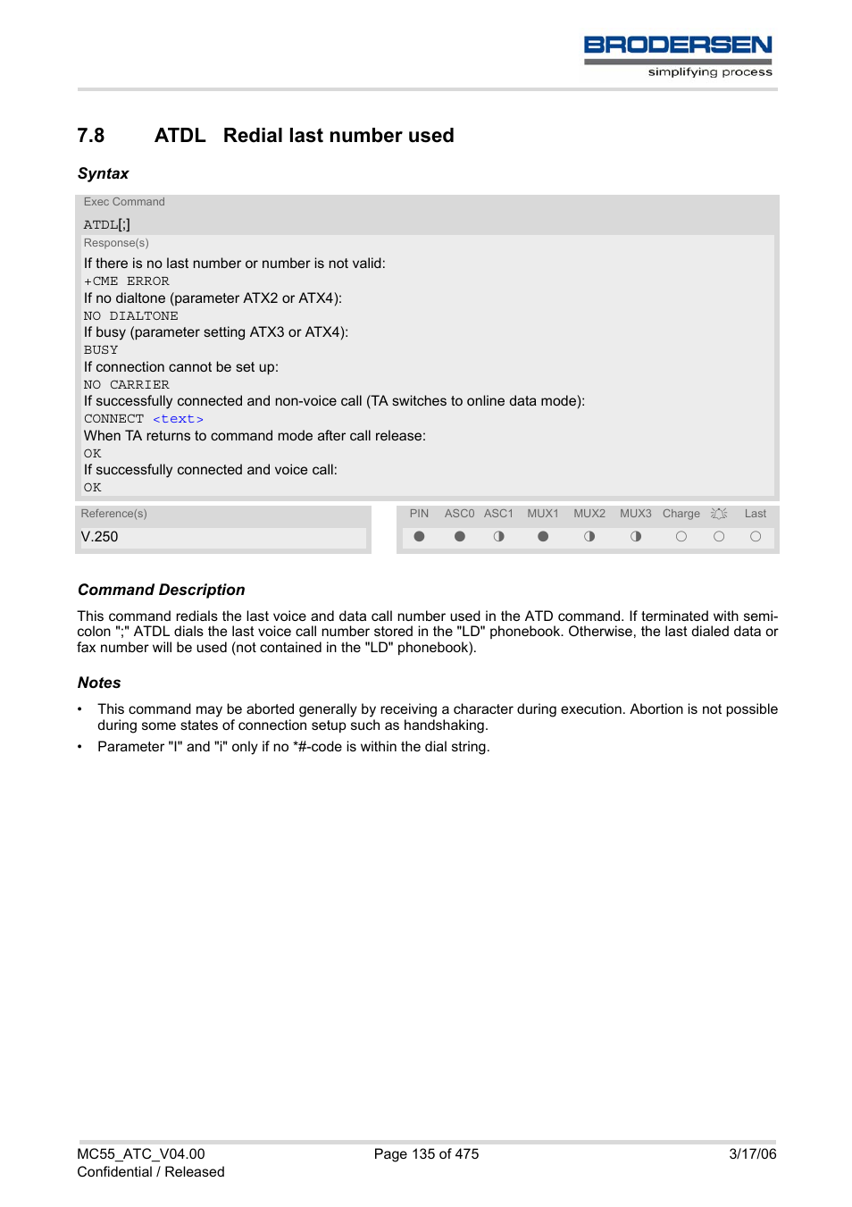 8 atdl redial last number used, Atdl redial last number used, Atdl | Siemens Brodersen MC55 AT User Manual | Page 135 / 475
