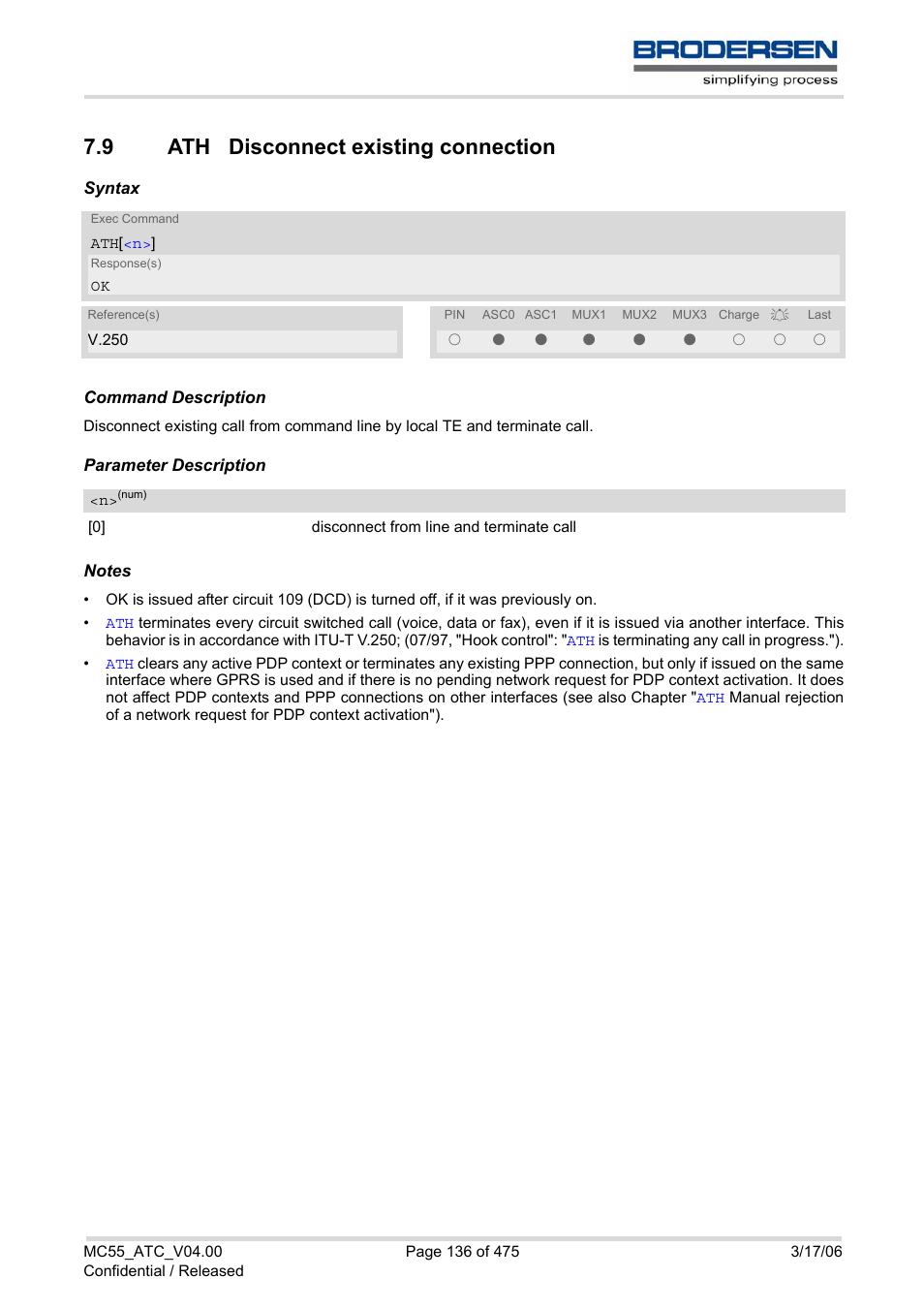 9 ath disconnect existing connection, Ath disconnect existing connection | Siemens Brodersen MC55 AT User Manual | Page 136 / 475
