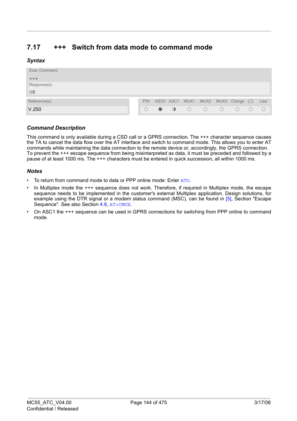 17 +++ switch from data mode to command mode, With, The p | Siemens Brodersen MC55 AT User Manual | Page 144 / 475