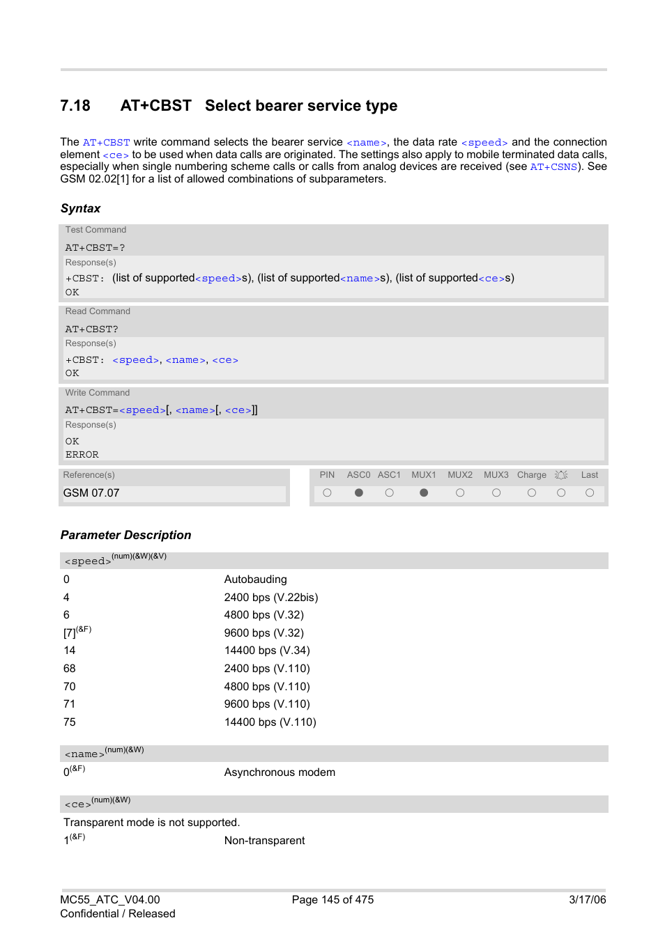 18 at+cbst select bearer service type, At+cbst | Siemens Brodersen MC55 AT User Manual | Page 145 / 475