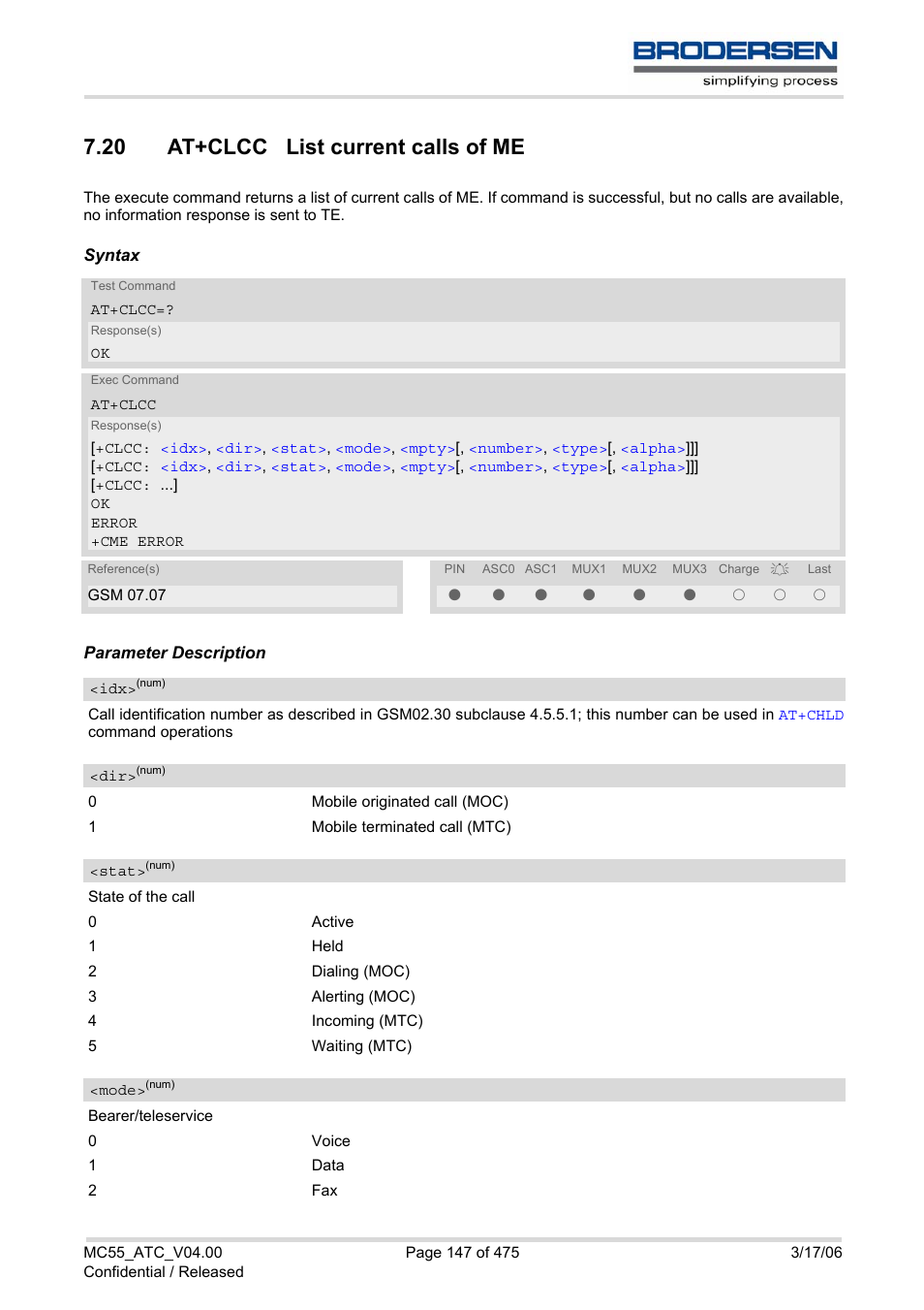 20 at+clcc list current calls of me, At+clcc, Layed with | Siemens Brodersen MC55 AT User Manual | Page 147 / 475