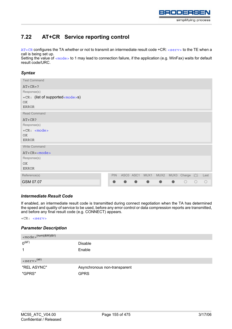 22 at+cr service reporting control | Siemens Brodersen MC55 AT User Manual | Page 155 / 475