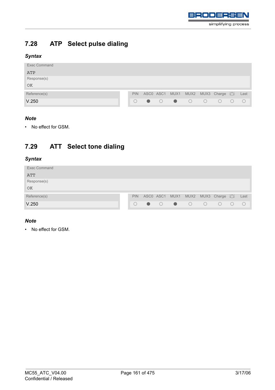 28 atp select pulse dialing, 29 att select tone dialing | Siemens Brodersen MC55 AT User Manual | Page 161 / 475