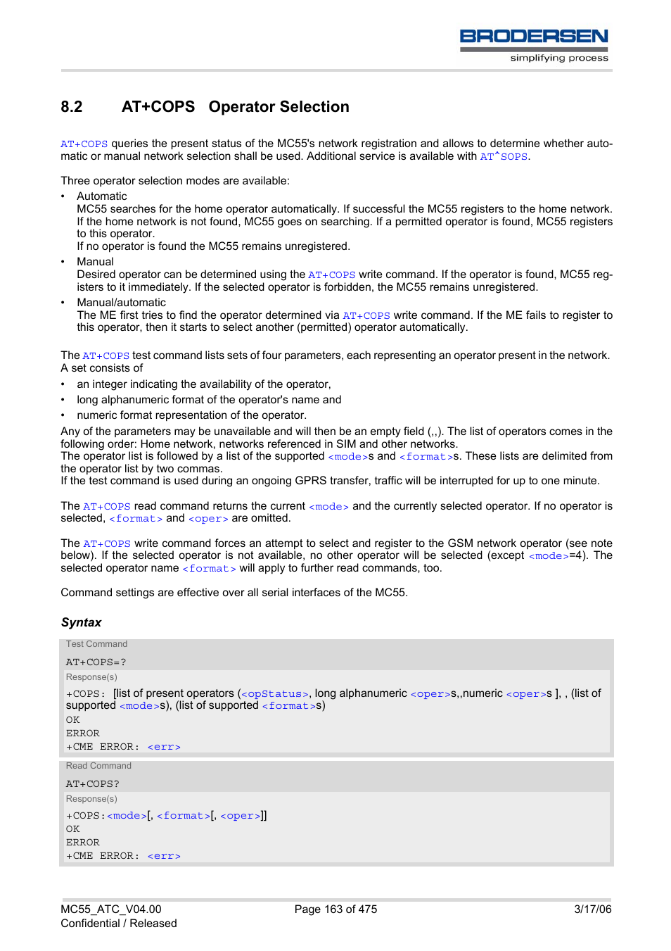 2 at+cops operator selection, At+cops operator selection, At+cops | With | Siemens Brodersen MC55 AT User Manual | Page 163 / 475