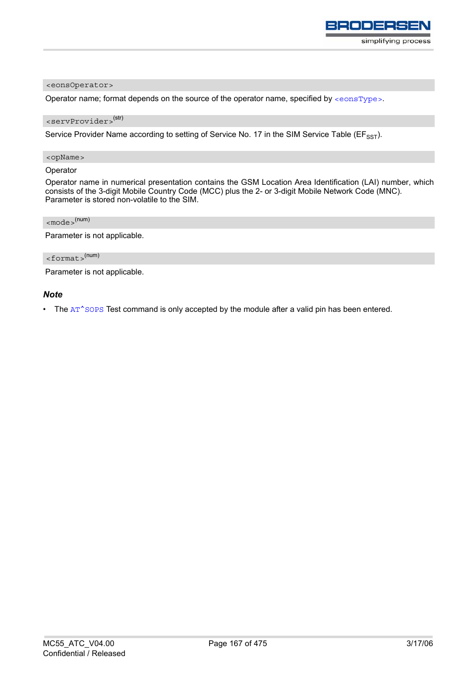 Eonsoperator, Mode, Format | Servprovider, Opname, S, (list | Siemens Brodersen MC55 AT User Manual | Page 167 / 475