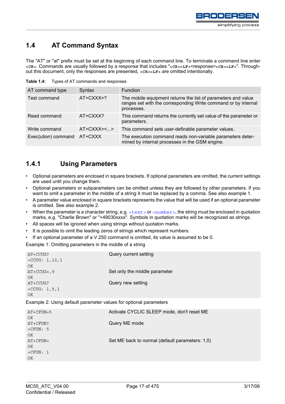 4 at command syntax, 1 using parameters, At command syntax 1.4.1 | Using parameters, Table 1.4, Types of at commands and responses, At command syntax, For d | Siemens Brodersen MC55 AT User Manual | Page 17 / 475