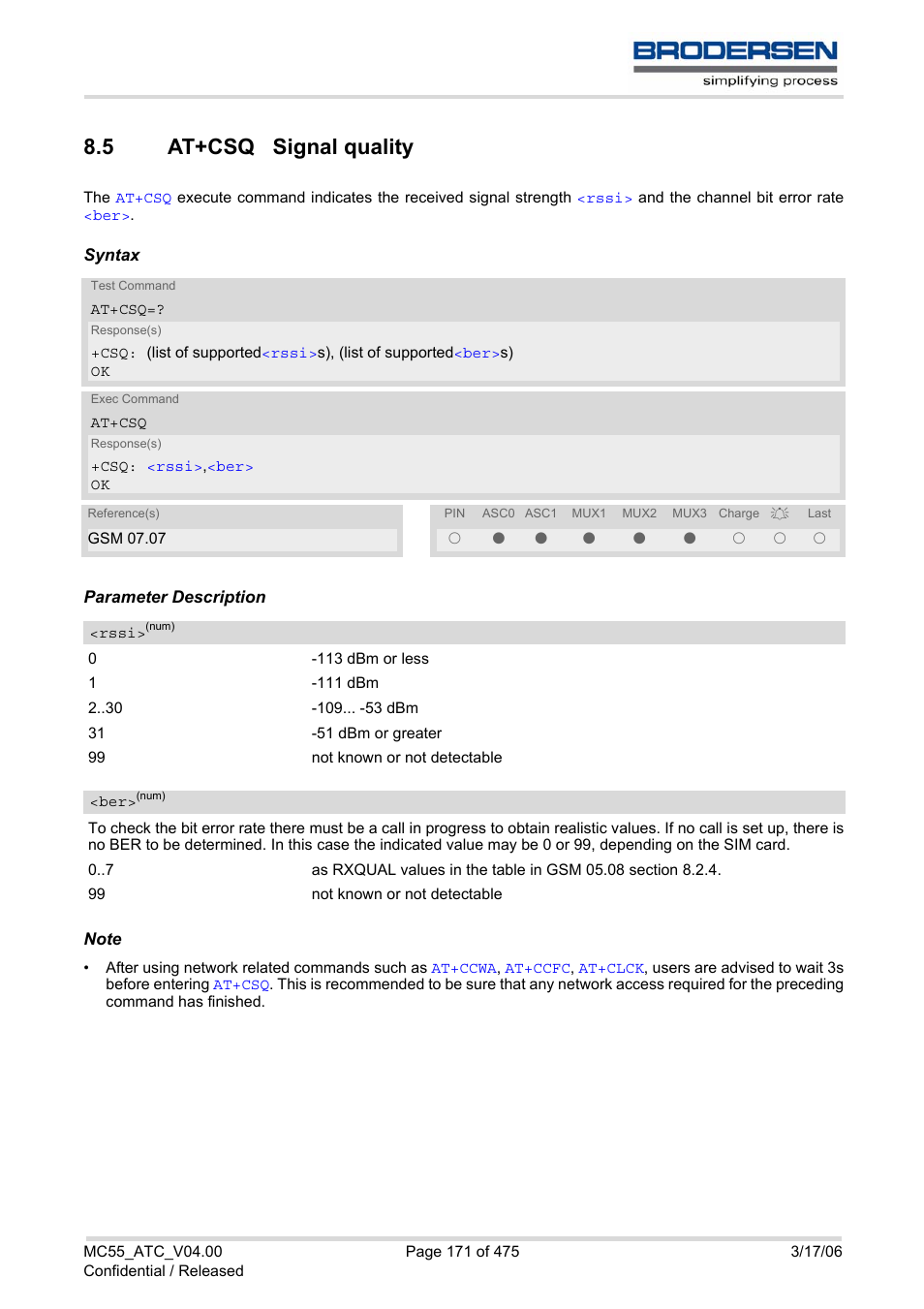 5 at+csq signal quality, At+csq signal quality, At+csq | Siemens Brodersen MC55 AT User Manual | Page 171 / 475