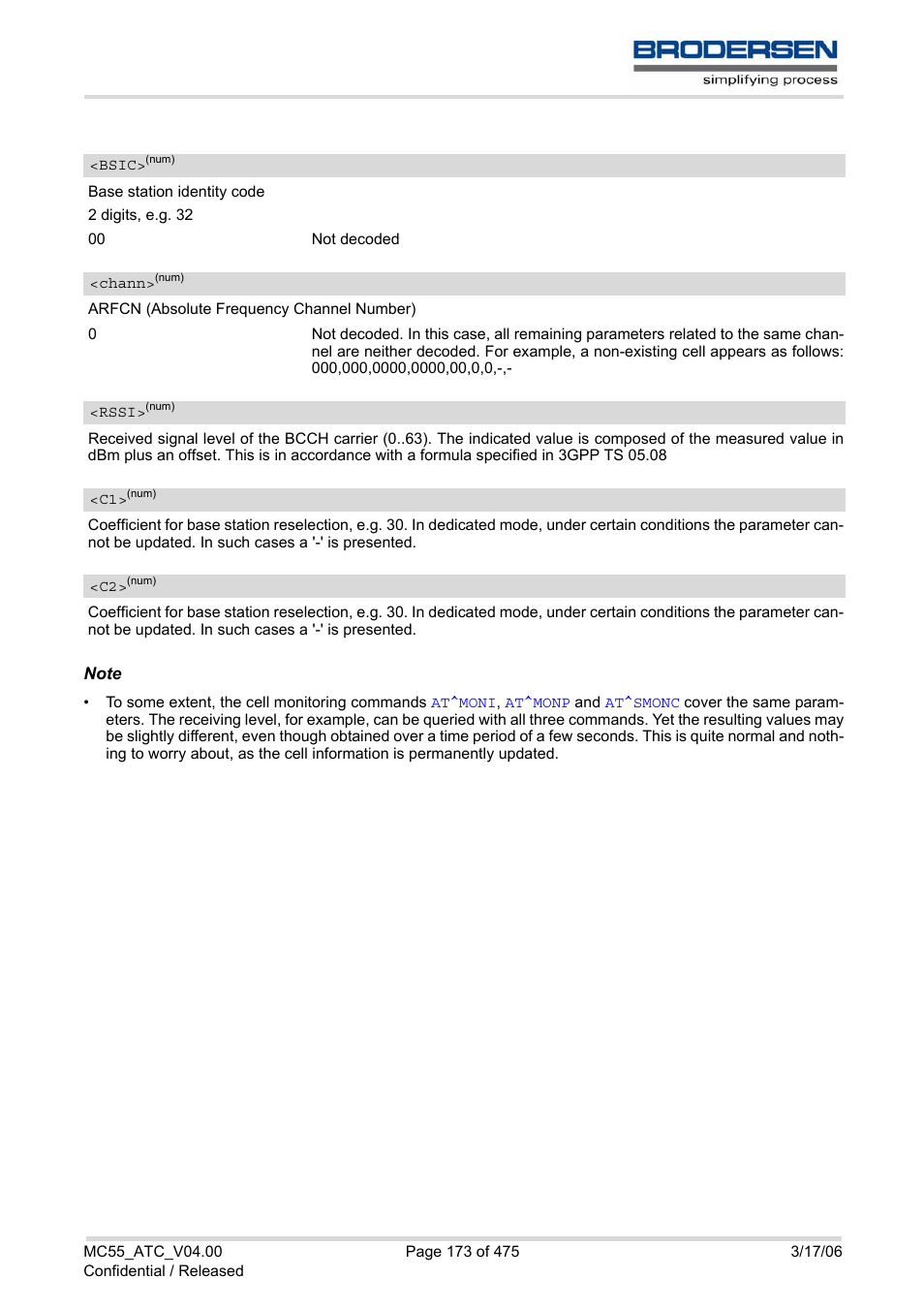 Bsic, Chann, Rssi | Siemens Brodersen MC55 AT User Manual | Page 173 / 475