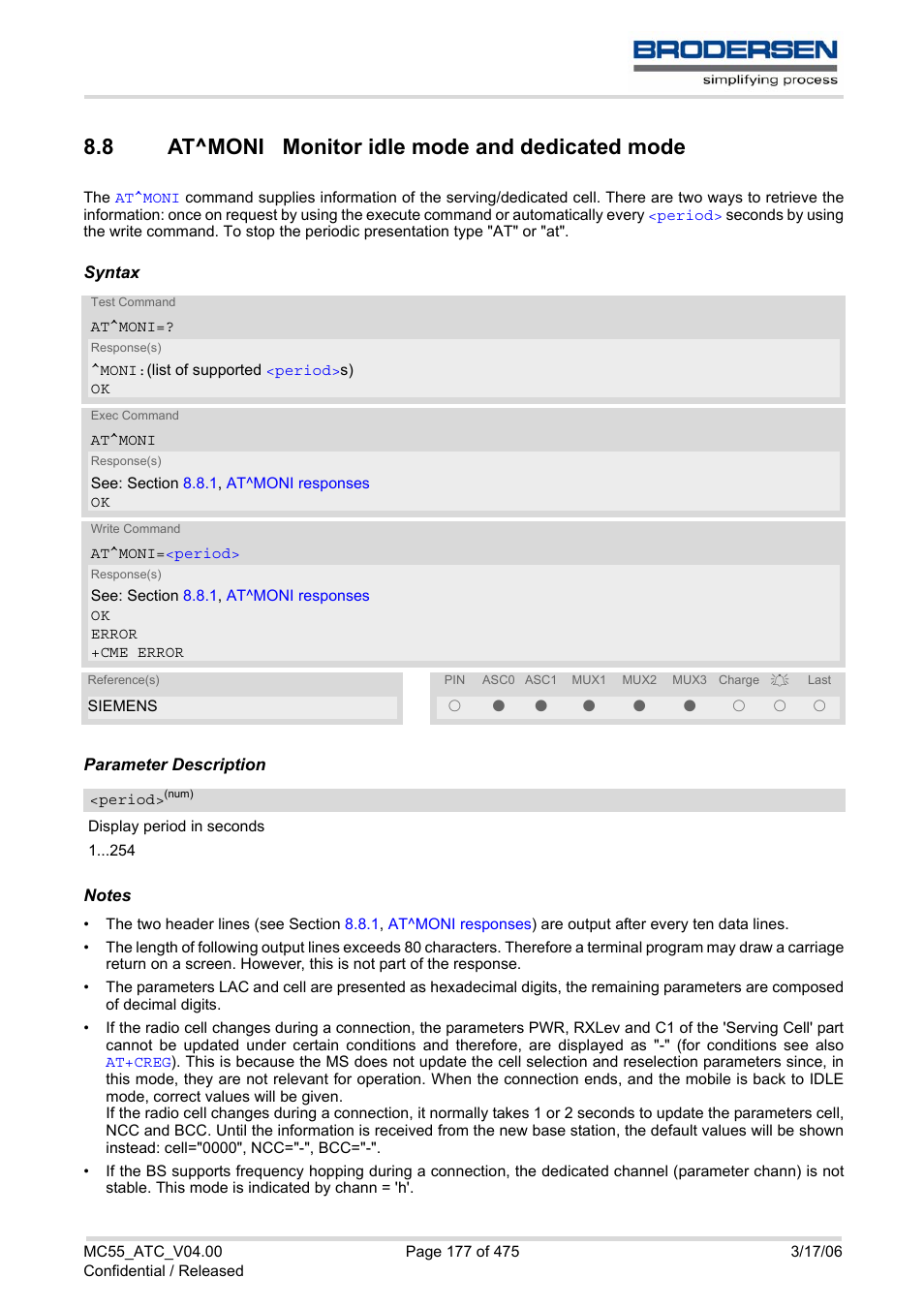 8 at^moni monitor idle mode and dedicated mode, At^moni monitor idle mode and dedicated mode, At^moni | Siemens Brodersen MC55 AT User Manual | Page 177 / 475