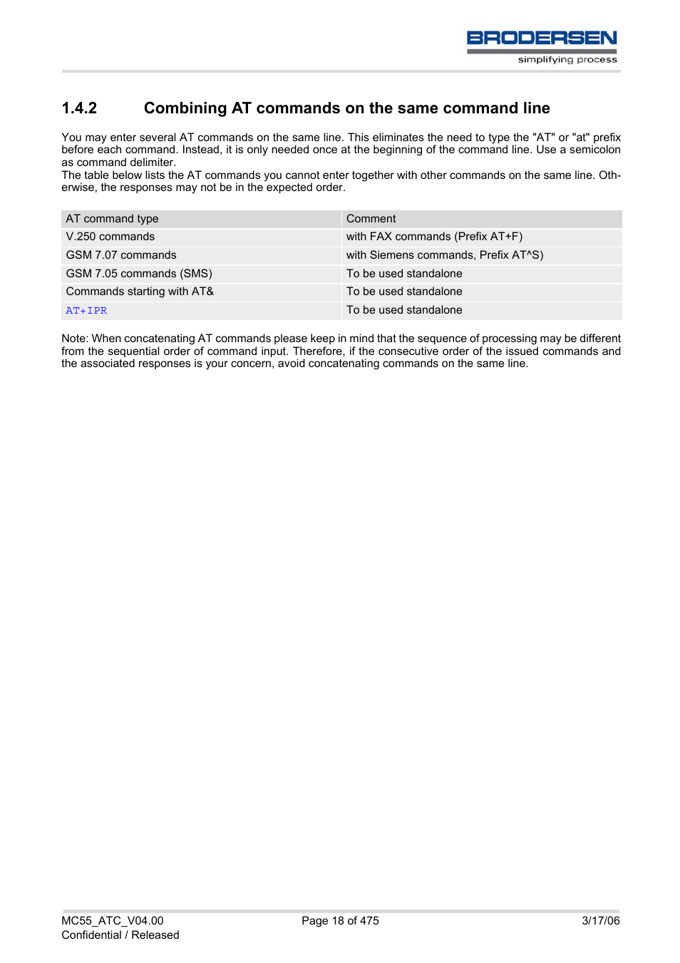 2 combining at commands on the same command line, Combining at commands on the same command line | Siemens Brodersen MC55 AT User Manual | Page 18 / 475