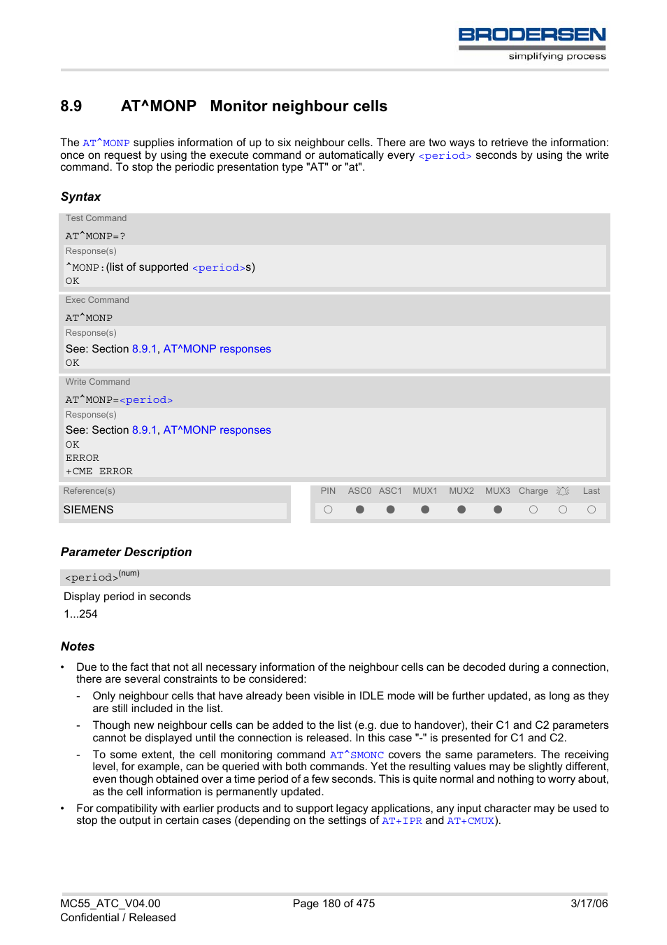 9 at^monp monitor neighbour cells, At^monp monitor neighbour cells, At^monp | Siemens Brodersen MC55 AT User Manual | Page 180 / 475