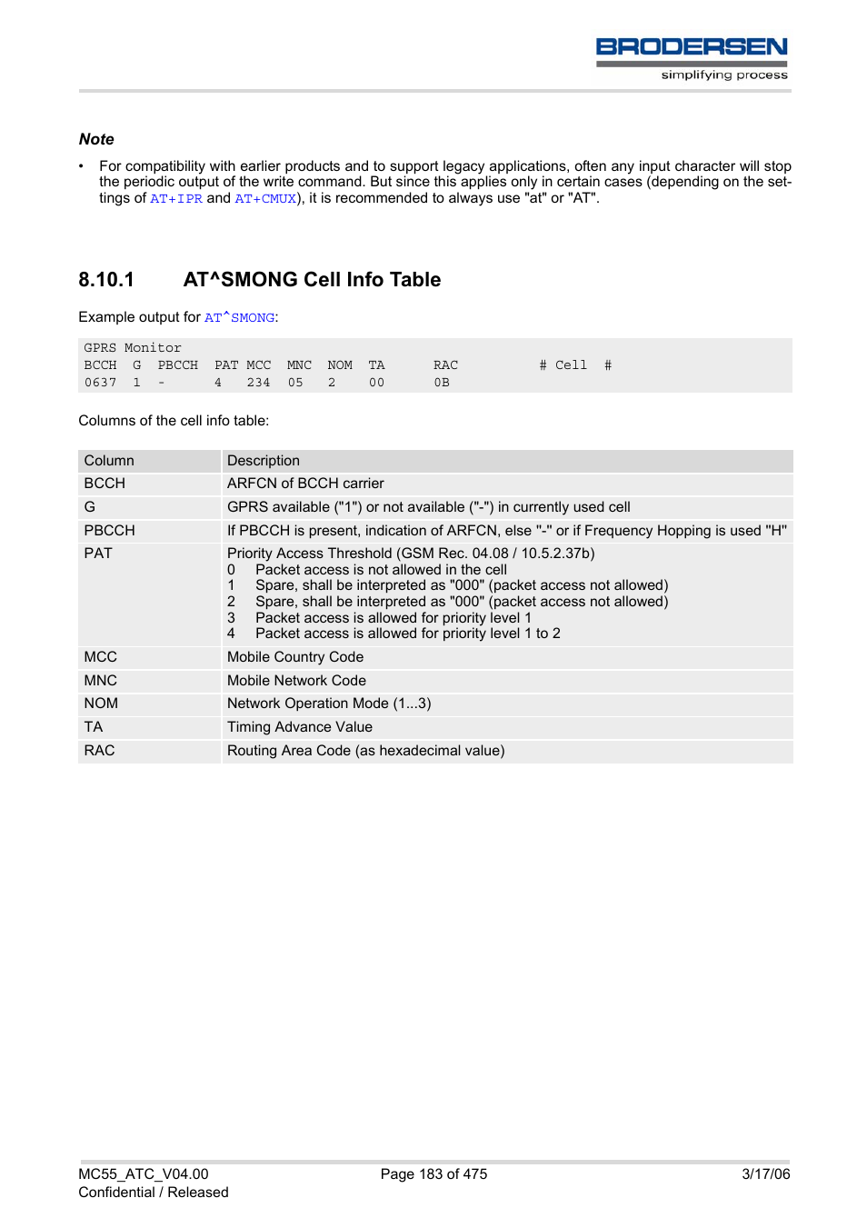 1 at^smong cell info table, At^smong cell info table, Section | Siemens Brodersen MC55 AT User Manual | Page 183 / 475