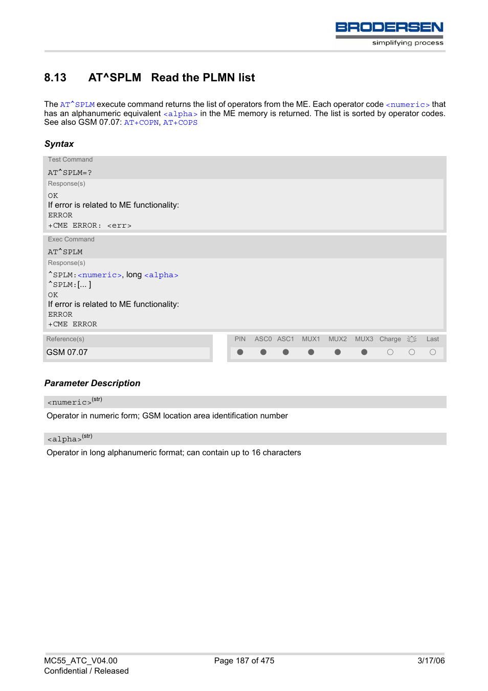 13 at^splm read the plmn list, At^splm | Siemens Brodersen MC55 AT User Manual | Page 187 / 475