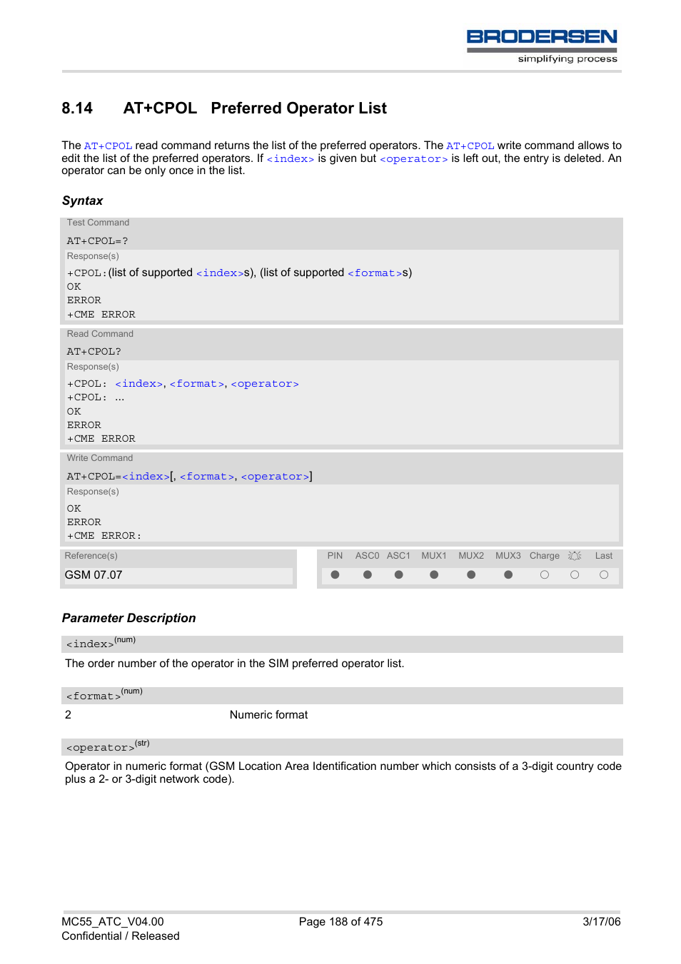 14 at+cpol preferred operator list | Siemens Brodersen MC55 AT User Manual | Page 188 / 475