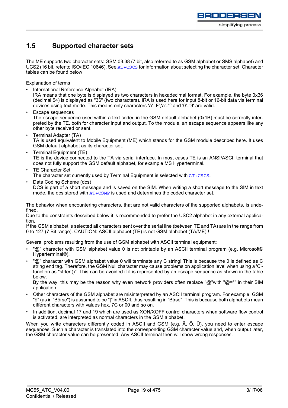 5 supported character sets, Supported character sets | Siemens Brodersen MC55 AT User Manual | Page 19 / 475