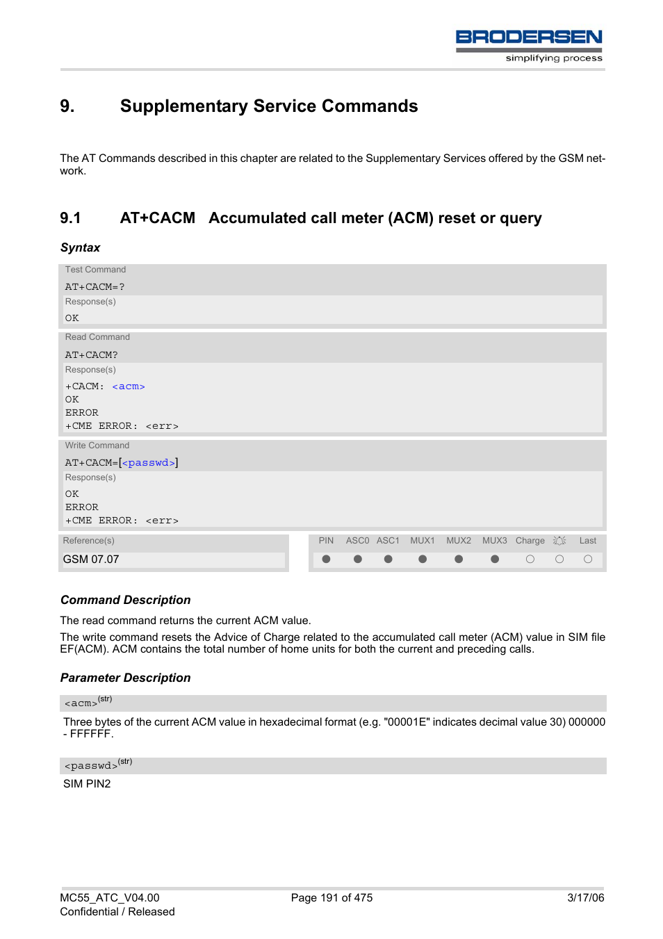 Supplementary service commands, Supplementary service commands 9.1, At+cacm | Accu | Siemens Brodersen MC55 AT User Manual | Page 191 / 475