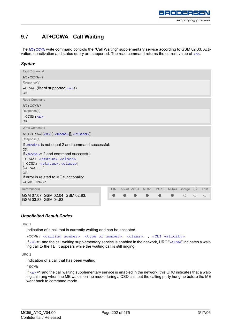 7 at+ccwa call waiting, At+ccwa call waiting, At+ccwa | Siemens Brodersen MC55 AT User Manual | Page 202 / 475