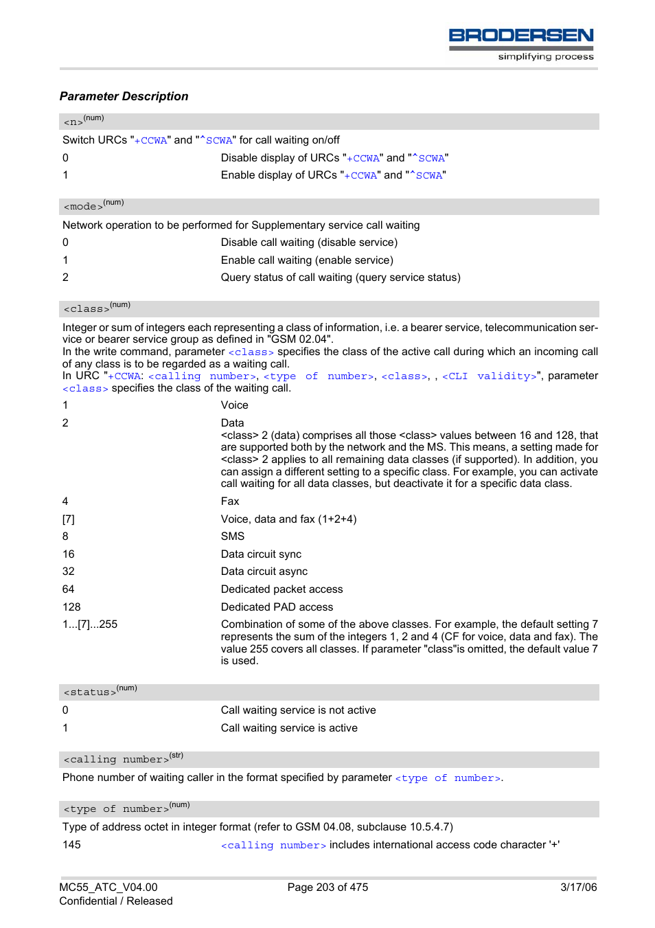 Calling number, Type of number, Class | Mode, Is no, 2 an, Ccwa, Status | Siemens Brodersen MC55 AT User Manual | Page 203 / 475