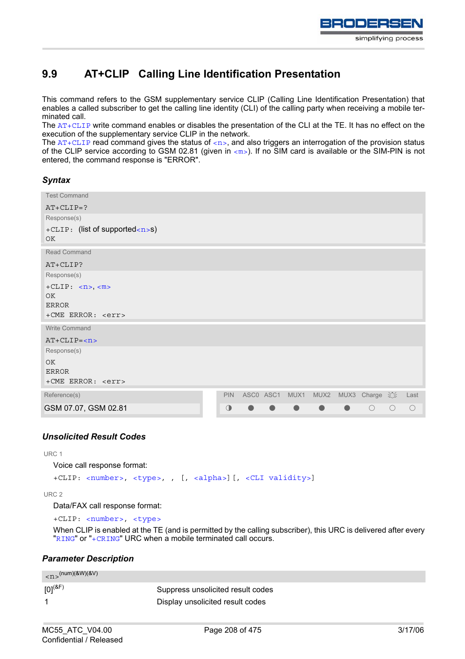 9 at+clip calling line identification presentation, At+clip calling line identification presentation | Siemens Brodersen MC55 AT User Manual | Page 208 / 475