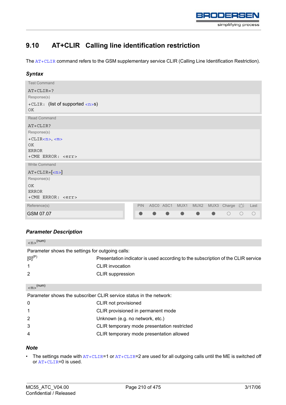 10 at+clir calling line identification restriction | Siemens Brodersen MC55 AT User Manual | Page 210 / 475