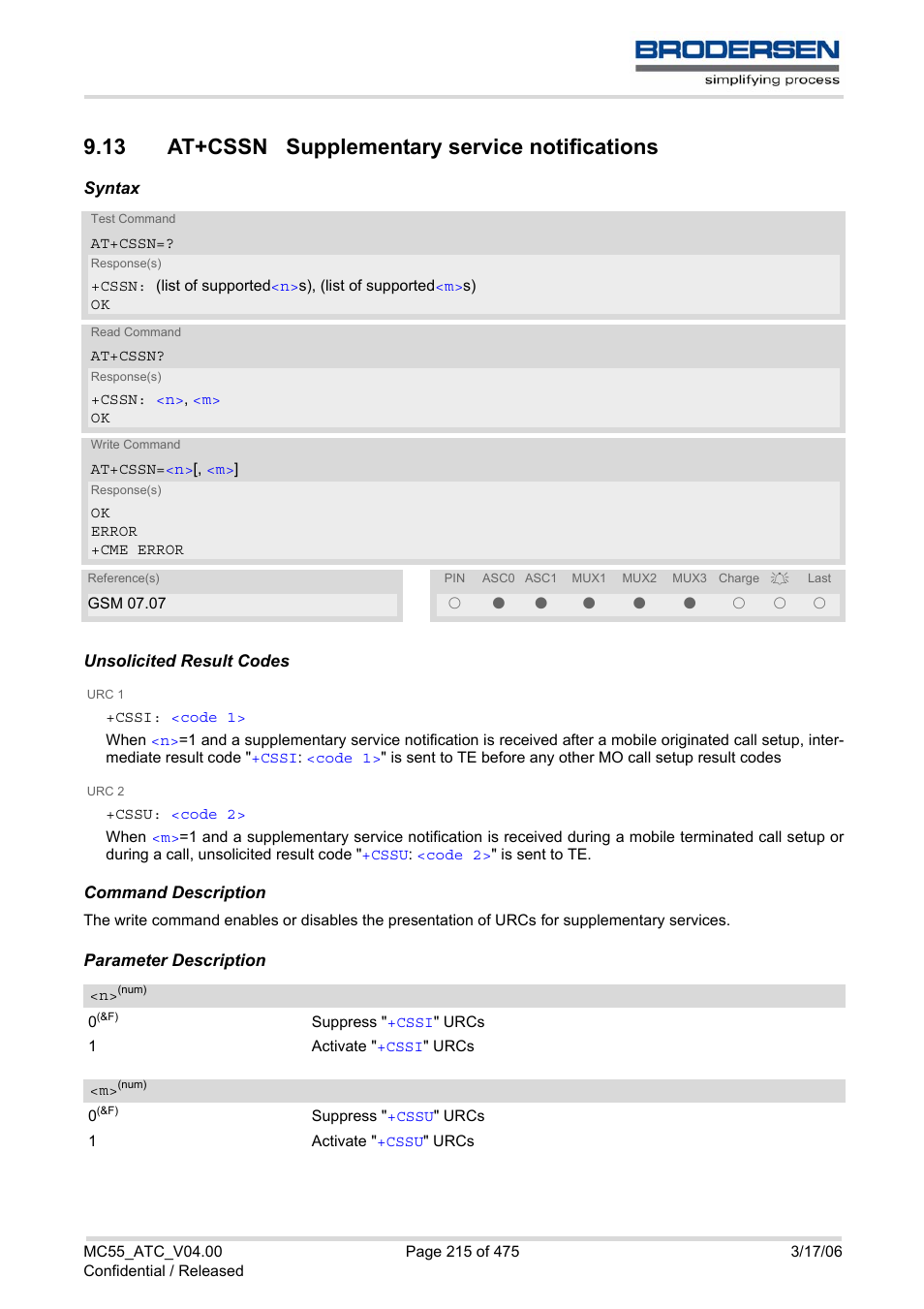 13 at+cssn supplementary service notifications | Siemens Brodersen MC55 AT User Manual | Page 215 / 475