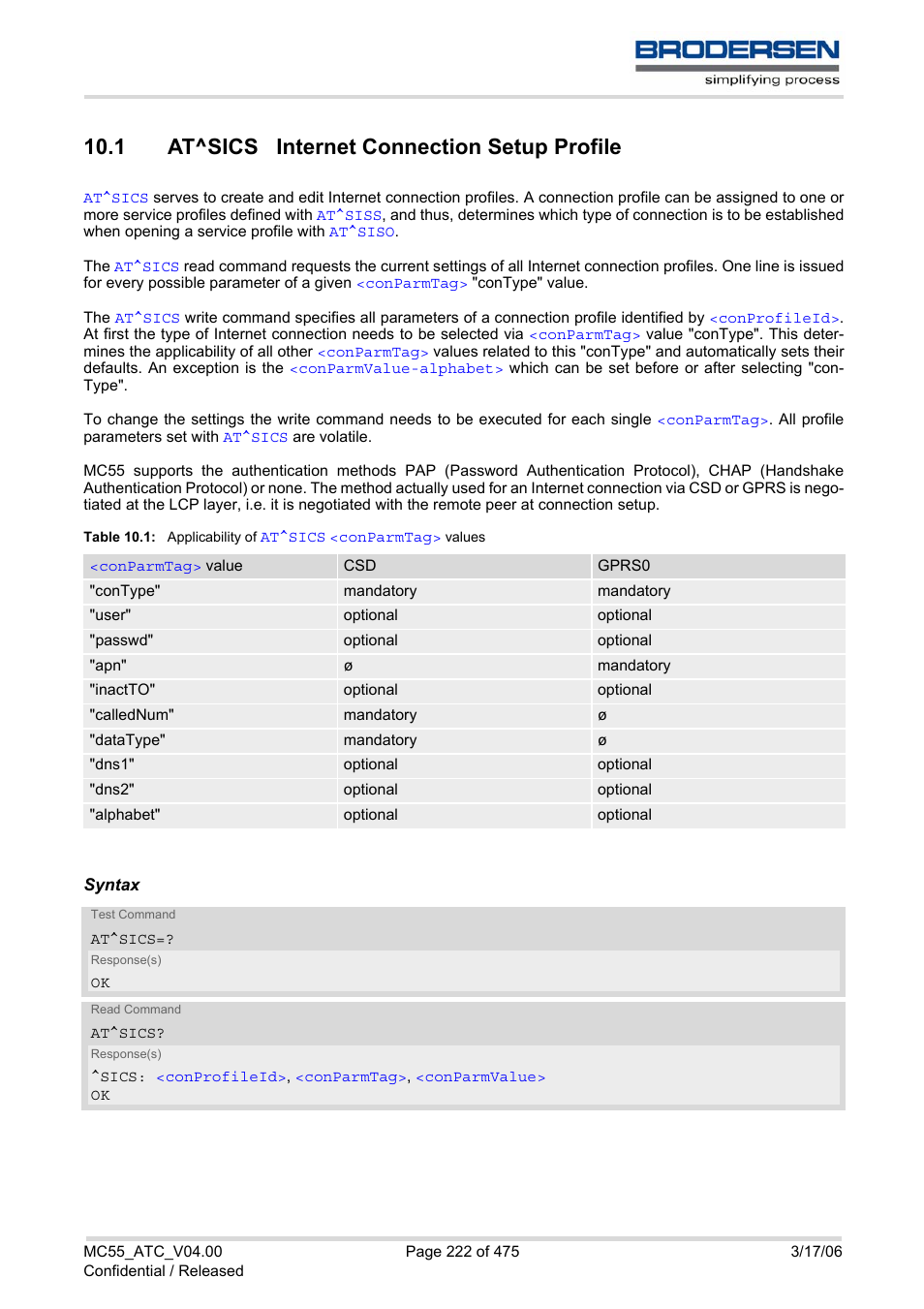 1 at^sics internet connection setup profile, Table 10.1, Applicability of | At^sics | Siemens Brodersen MC55 AT User Manual | Page 222 / 475