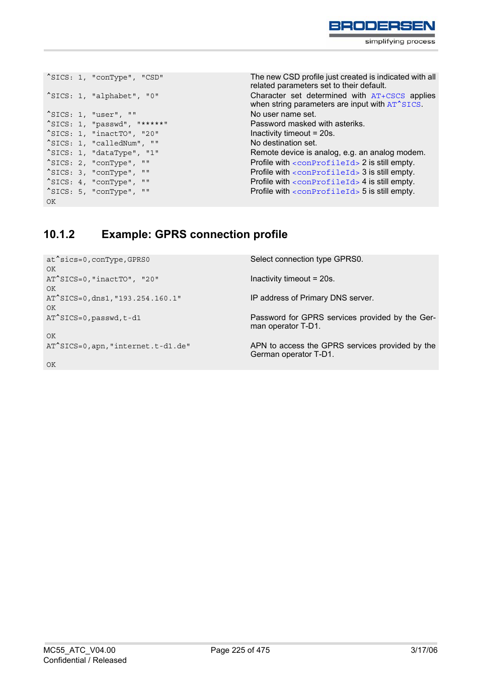 2 example: gprs connection profile, Example: gprs connection profile | Siemens Brodersen MC55 AT User Manual | Page 225 / 475