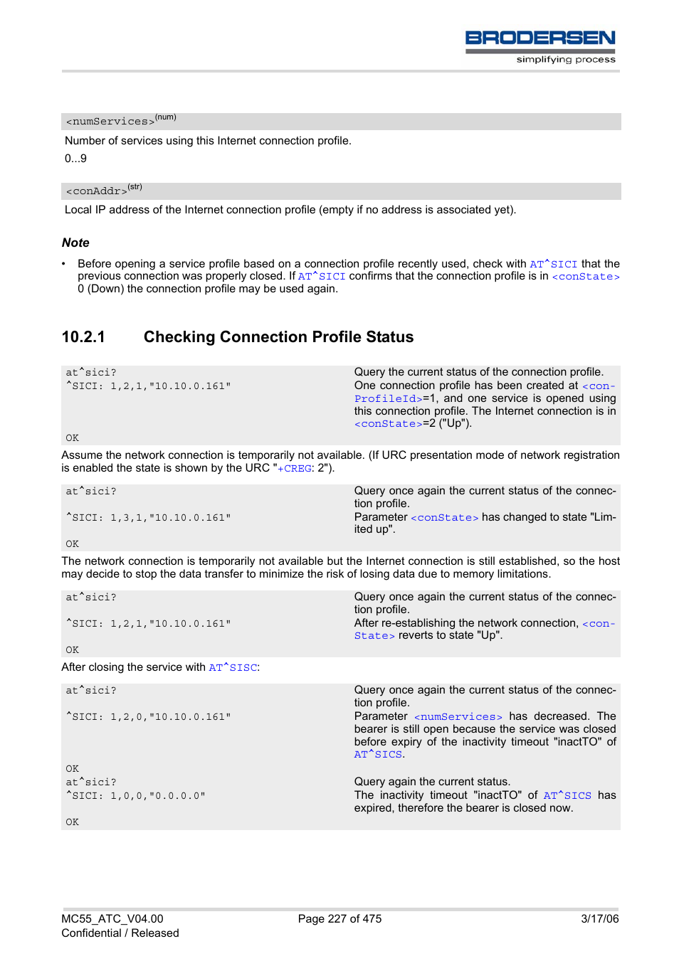 1 checking connection profile status, Checking connection profile status, Numservices | Conaddr | Siemens Brodersen MC55 AT User Manual | Page 227 / 475