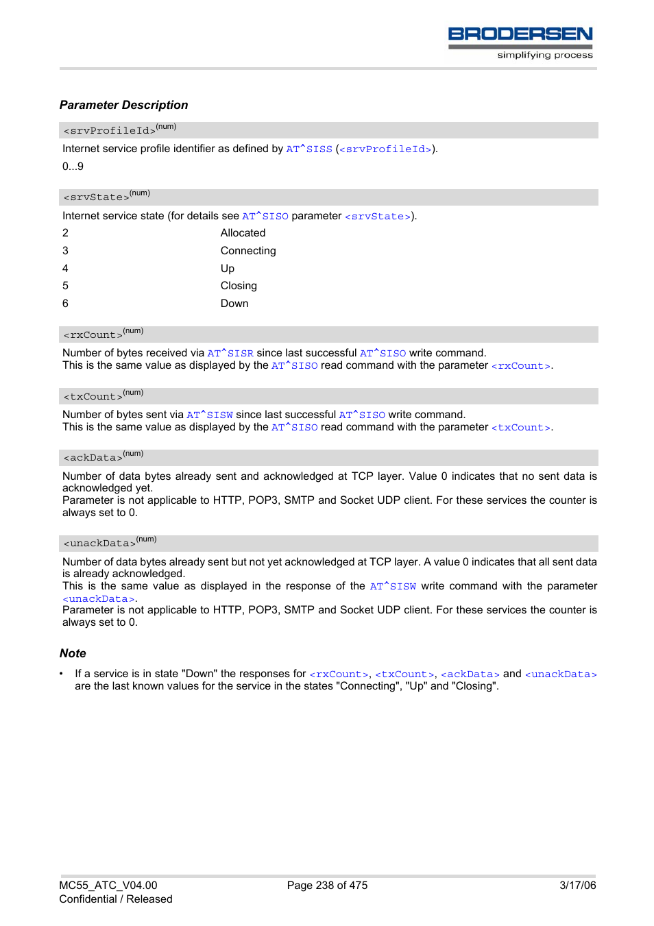 Srvstate, Srvprofileid, Rxcount | Txcount, Ackdata, Unackdata, Sisi | Siemens Brodersen MC55 AT User Manual | Page 238 / 475