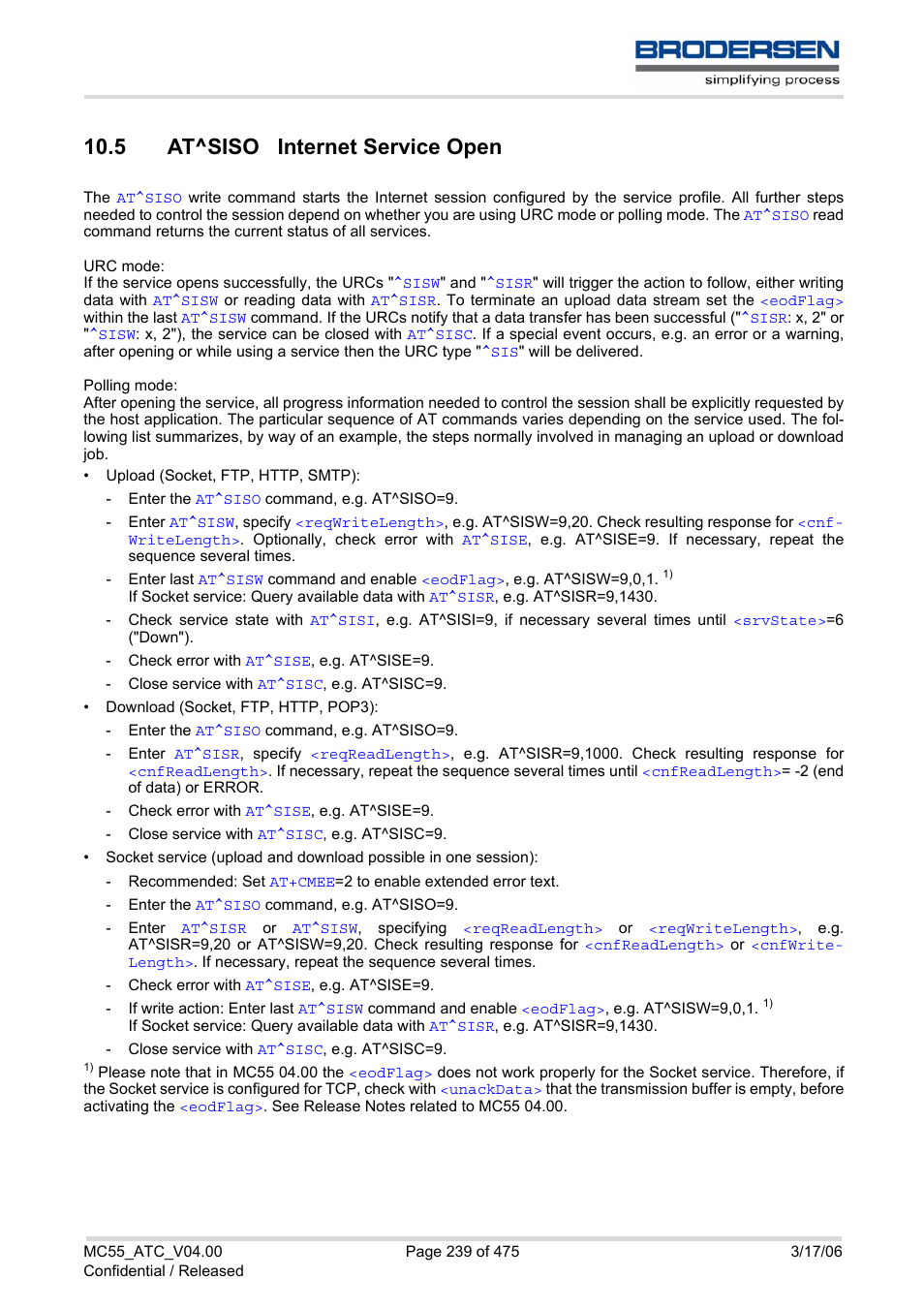 5 at^siso internet service open, At^siso, Tivated via | Write command | Siemens Brodersen MC55 AT User Manual | Page 239 / 475