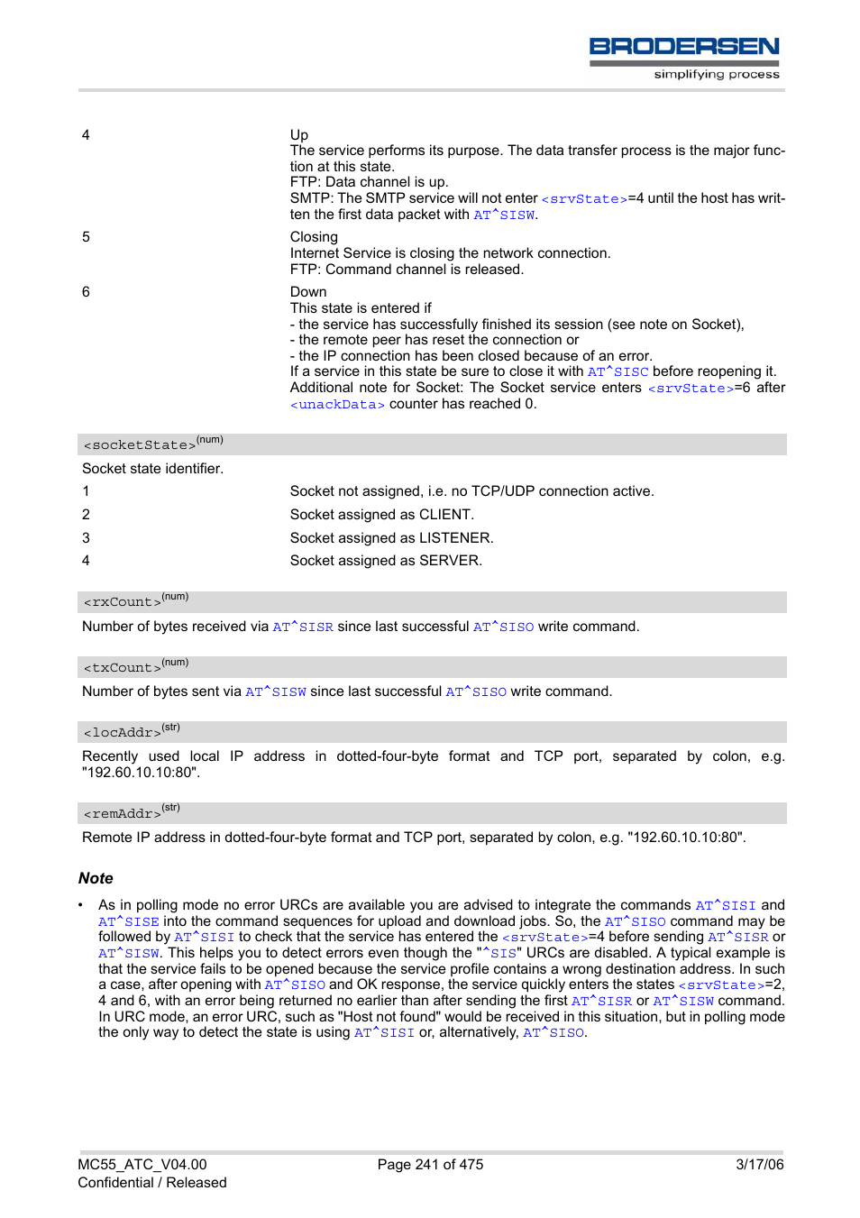 Rxcount, Txcount, Socketstate | Locaddr, Remaddr | Siemens Brodersen MC55 AT User Manual | Page 241 / 475