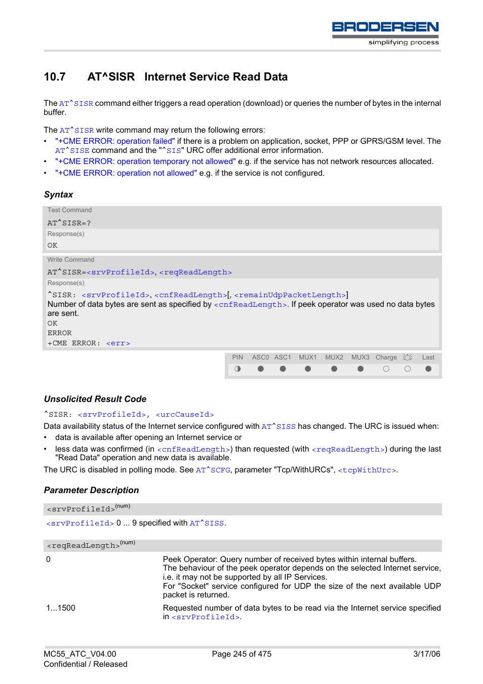 7 at^sisr internet service read data, Sisr, At^sisr | S, that the, With, E.g. at, Reqreadlength, E.g. at^sisr=9,1 | Siemens Brodersen MC55 AT User Manual | Page 245 / 475