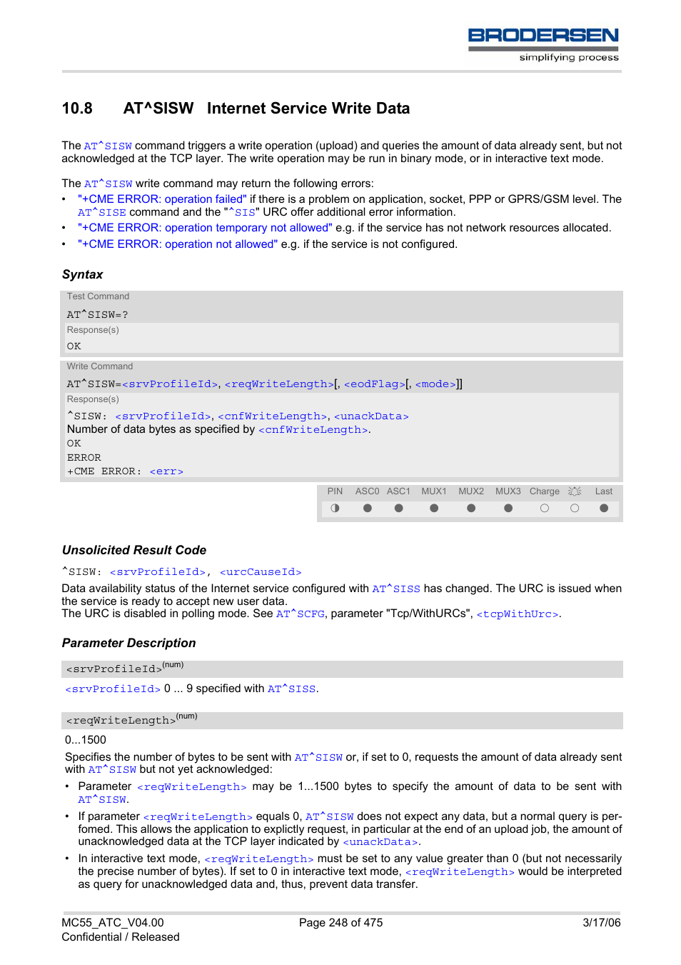 8 at^sisw internet service write data, Sisw, At^sisw | Comma, Last, Comm, Ontlen" > 0 then the, Command will be us, Command. if, Reqwritelength | Siemens Brodersen MC55 AT User Manual | Page 248 / 475