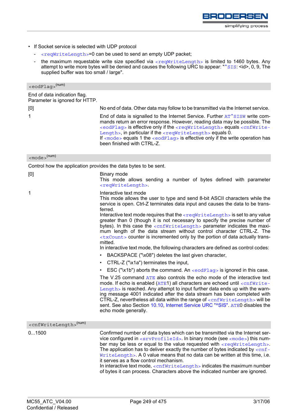 Eodflag, In the, Writelength | E.g. at^sisw=9,0,1, Cnfwrite, Length, If ne, Tivating the | Siemens Brodersen MC55 AT User Manual | Page 249 / 475