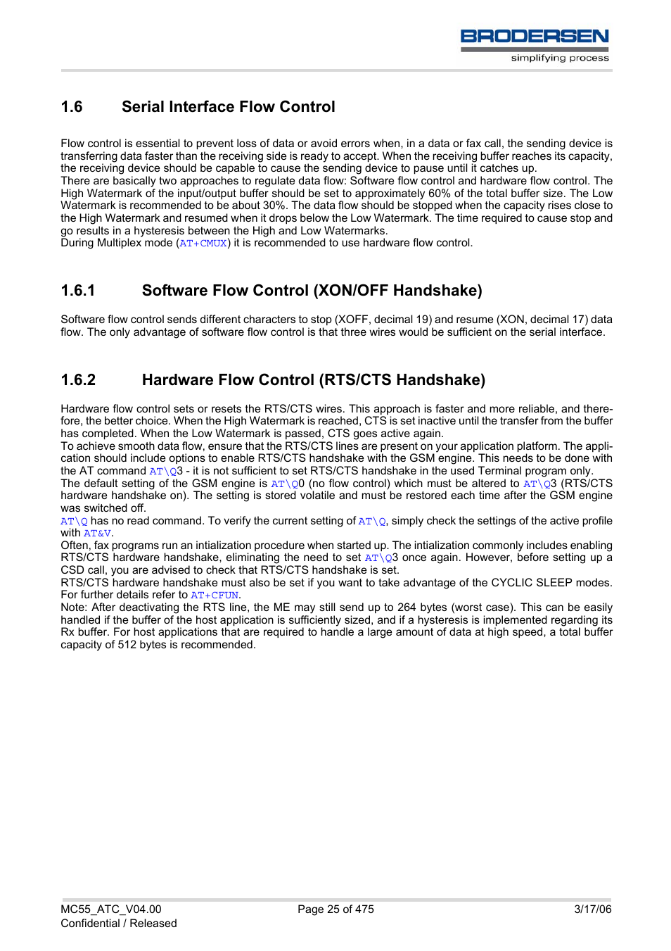 6 serial interface flow control, 1 software flow control (xon/off handshake), 2 hardware flow control (rts/cts handshake) | Serial interface flow control 1.6.1, Software flow control (xon/off handshake), Hardware flow control (rts/cts handshake) | Siemens Brodersen MC55 AT User Manual | Page 25 / 475