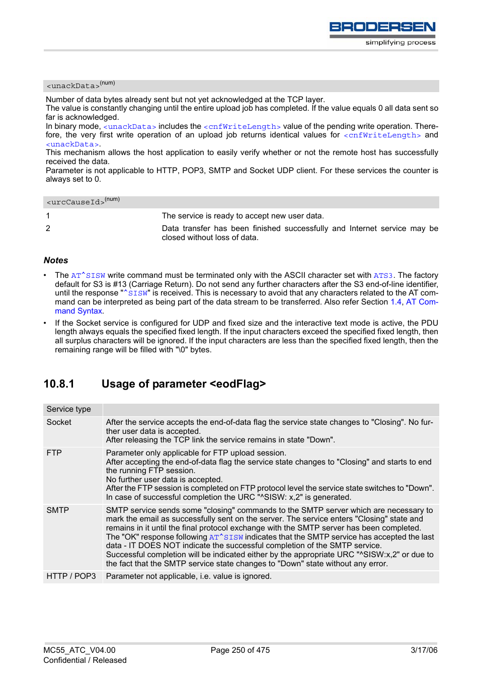 1 usage of parameter <eodflag, Usage of parameter <eodflag, Unackdata | Siemens Brodersen MC55 AT User Manual | Page 250 / 475