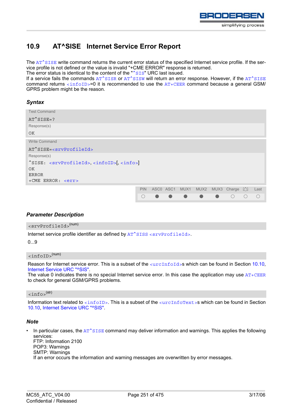 9 at^sise internet service error report, At^sise, R with | E.g. at^sise=9, Into the | Siemens Brodersen MC55 AT User Manual | Page 251 / 475