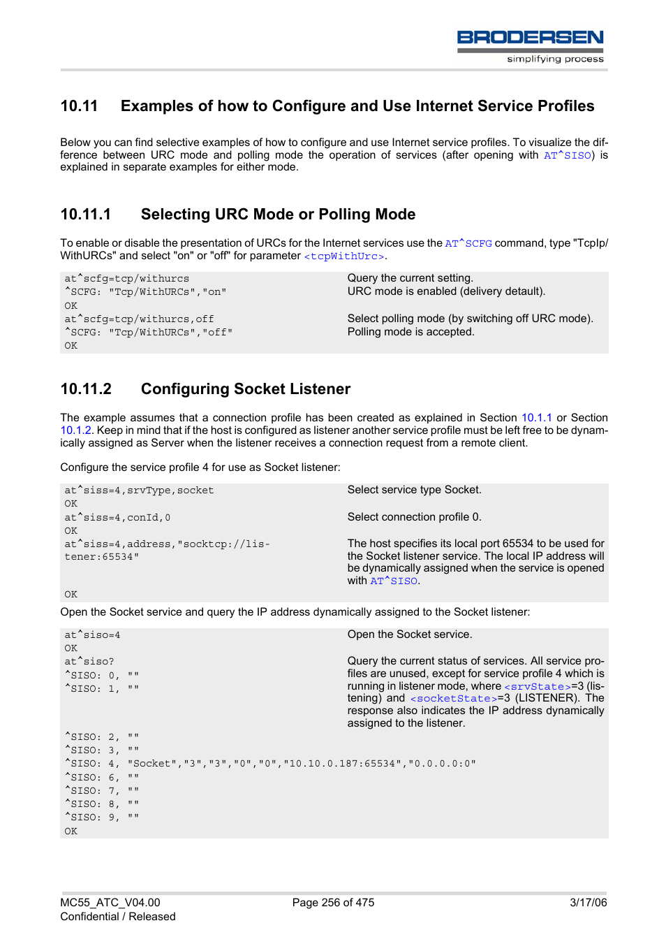 1 selecting urc mode or polling mode, 2 configuring socket listener | Siemens Brodersen MC55 AT User Manual | Page 256 / 475