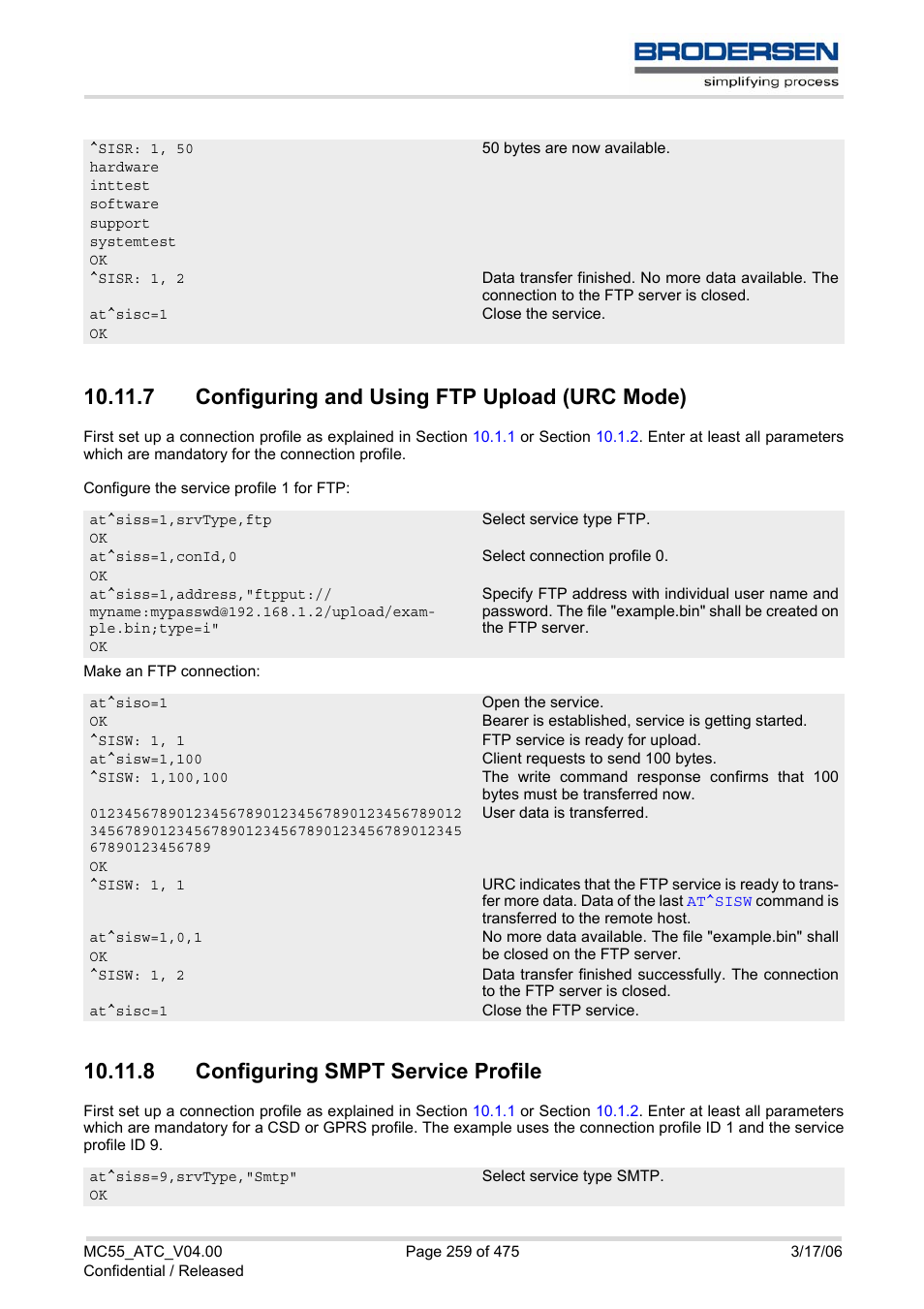 7 configuring and using ftp upload (urc mode), 8 configuring smpt service profile | Siemens Brodersen MC55 AT User Manual | Page 259 / 475